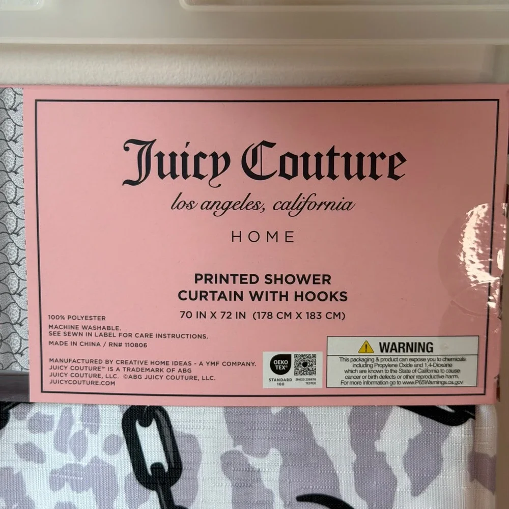 New Juicy Couture 70x72 Fabric Shower Curtain Hooks Set Purple Leopard Black